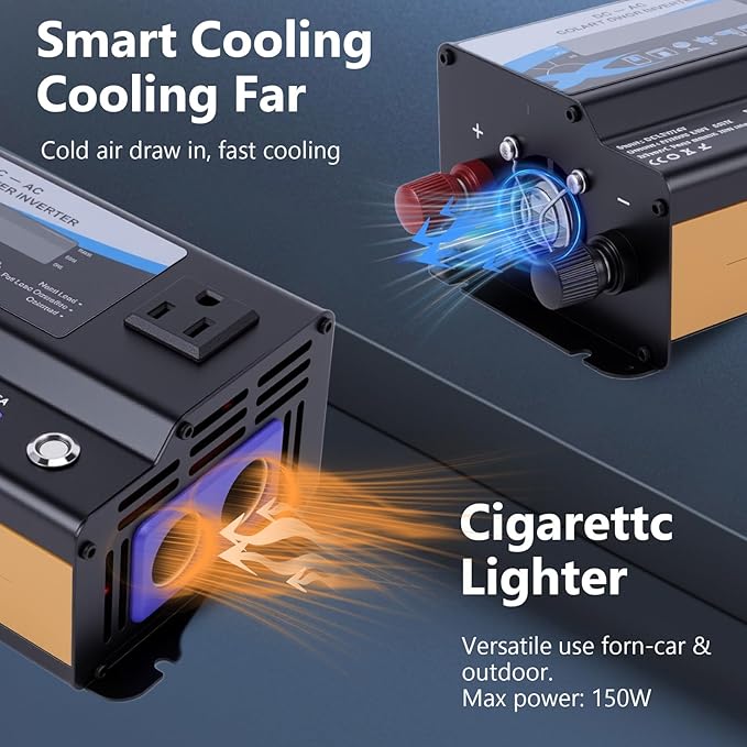 600W Car Power Inverter, 12V/24V Car Plug Adapter Outlet Converter with Dual Type C, Dual USB Dual, Dual Cigar Lighter, Single AC Outlet for Cars Trucks US Plug (Black)