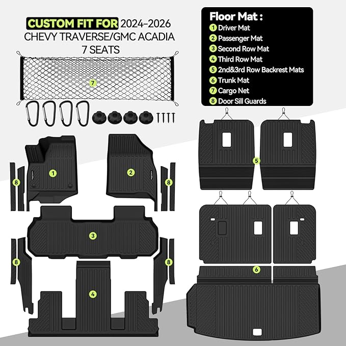 Tongama-Floor Mats for 2024-2026 Chevy Traverse/GMC Acadia 7 Seat with Bucket Seats, All Weather TPE Trunk Mat & 2nd/3rd Row Backrest Mats & Cargo Net & Full Coverage Door Sill Guards Kit