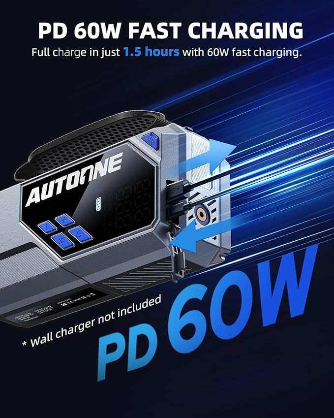 AUTOONE 10000A Jump Starter with Air Compressor, 24000mAh Jump Box with Tire Inflator (All Gas & Diesel) Portable Car Battery Booster Jumper Starter Pack, Jumper Cables, Type C, 60W Charging, Light