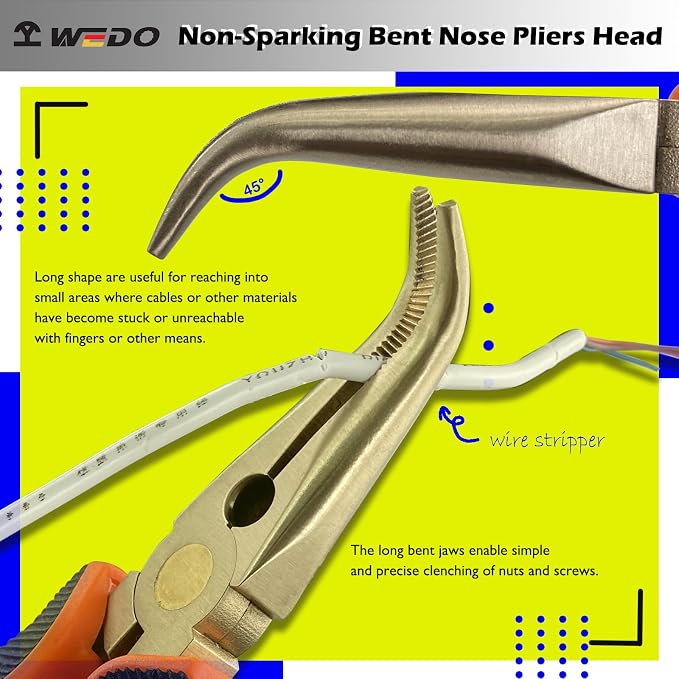 WEDO 6” Non-Sparking Bent Needle Nose Pliers 45 Degree,Long Nose Pliers,Wire Cutters,Used for Cutting Clamping Pinching Jewelry Making,Aluminum Bronze,DIN Standard,BAM&FM Certificate,Length 150mm
