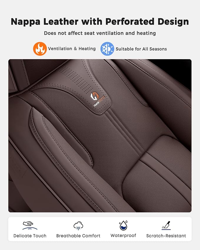 Huidasource Coffee Seat Covers Luxury Nappa Leather, Car Seat Cover with Velcro Adjustable, Airbag, Lumbar Support, Cooling and Heating, SUV Seat Covers Universal Fit for Most Cars SUV Trucks, Coffee
