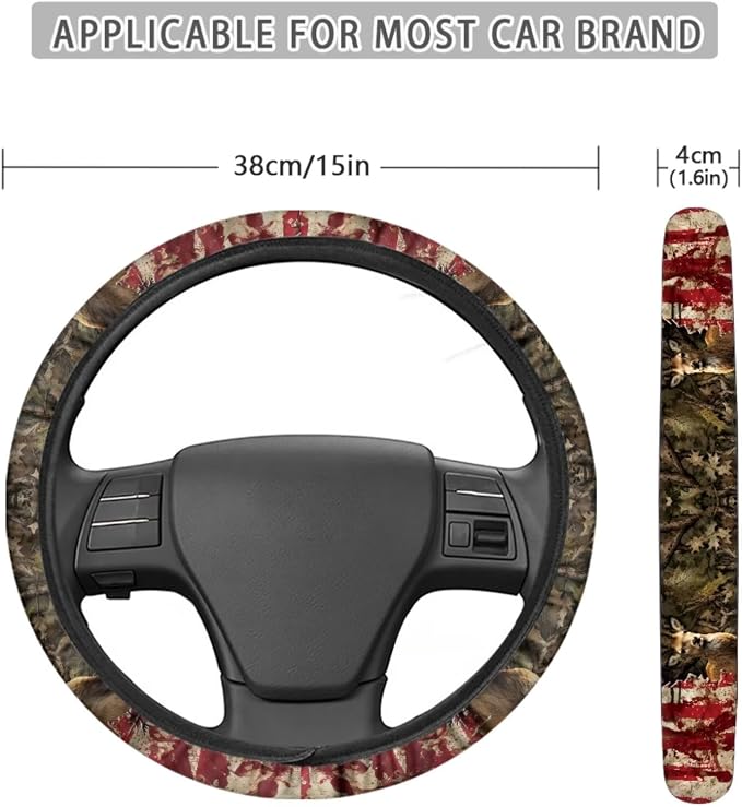 Deer Camo American Flag Pattern Car Seat Covers Full Set, 13 Pieces Car Accessories with 1 Steering Wheel Cover, 4 Seat Belt Covers and 4 Waterproof Coasters Universal Fit for SUV