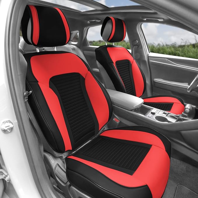 FH Group Front Set Faux Leather Car Seat Cover Cushions for Low Back Seat, Universal Fit, Airbag Compatible Seat Cover for SUV, Sedan, Red