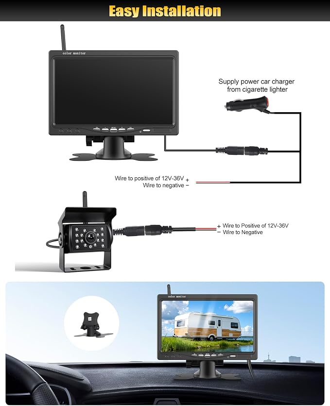 7 Inch Wireless Backup Camera System, Dual Channel 1080P HD Digital Signal, IP68 Waterproof Rear View Camera with BSD, Plug and Play, 12-36V Wide Voltage for Truck SUV RV Trailer Pickup Bus