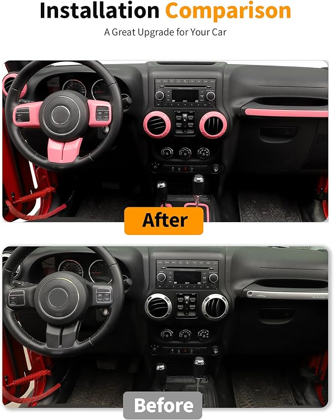 Hoolcar Steering Wheel Cover Gear Shift Panel Trim Cover Water Cup Holder Cover Kit Interior Accessories Kit Fit for Jeep Wrangler JK JKU 2011-2018, 4-Door, Pink