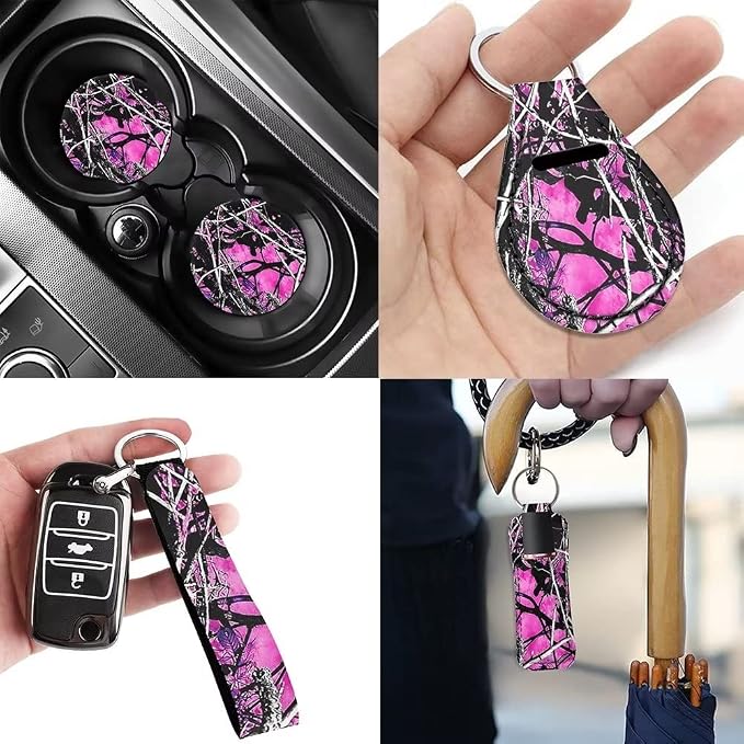 12 Pc Purple Camo Oak Hunting Print Car Seat Covers Full Set Universal Auto Protector with Steering Wheel Covers/Seat Belt Pads/Key Chain/Coaster/Lipstick Holder for Most Cars Truck Suvs