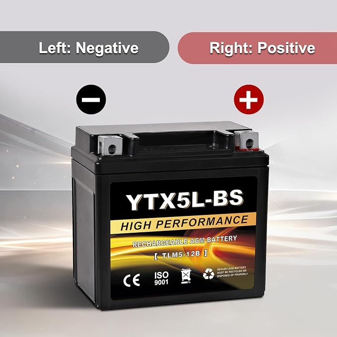 YTX5L-BS 12V 4Ah AGM Sealed Motorcycle Battery, Maintenance-Free, Compatible with Honda YUASA Yamaha ETX5L-BS Batteries