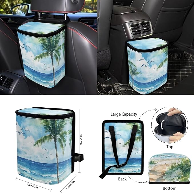 Tropical Palm Beach 15 PCS Car Seat Cover Set with Auto Steering Wheel Cover Seat Belt Strap Protector Cup Holder Trash Bag Rear View Mirror Protector Keychain