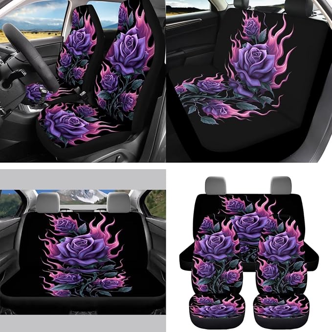 Purple Rose 15 PCS Car Seat Cover Set with Auto Steering Wheel Cover Seat Belt Strap Protector Cup Holder Trash Bag Rear View Mirror Protector Keychain