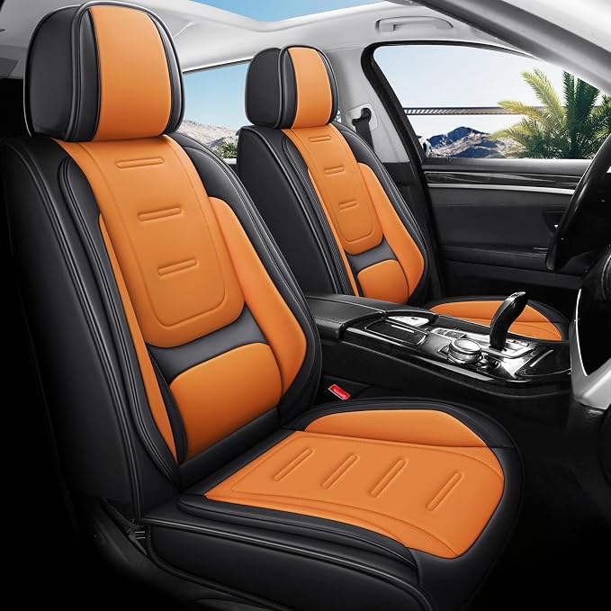 otoez Nappa Leather Car Seat Covers Full Set, Breathable Leather Automotive Seat Covers Front & Rear Seat Protectors with Lumbar Support, Universal Fit for Most Cars SUV Truck Sedan(Black+Orange)