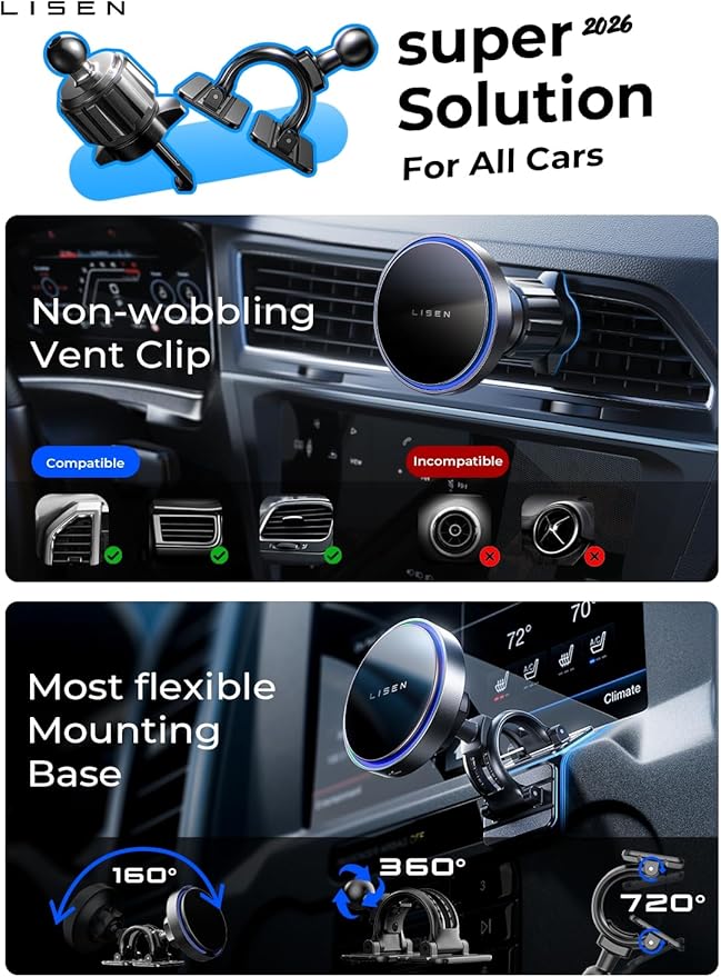 LISEN for 15W MagSafe Car Mount Charger,MagSafe Charger,Wireless Car Charger,Magnetic Phone Holder for Car,Phone Holders for Your Car Accessories for Women Men Jeep Ford F150 for iPhone 17-12,Samsung