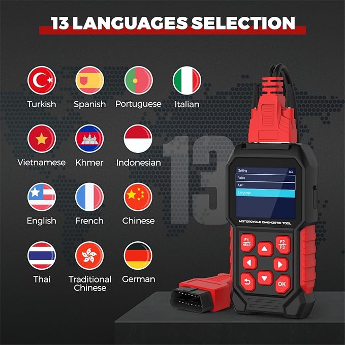 M4 Motorcycle Code Reader Scanner Diagnostic Tool for Suzuki 4-6P, Yamaha/Honda 4P, Kawasaki 1-6P, Gen IV 6P/PGO – Read/Clear Codes, Service Reset, ABS Bleed, OBD2, 17 Languages