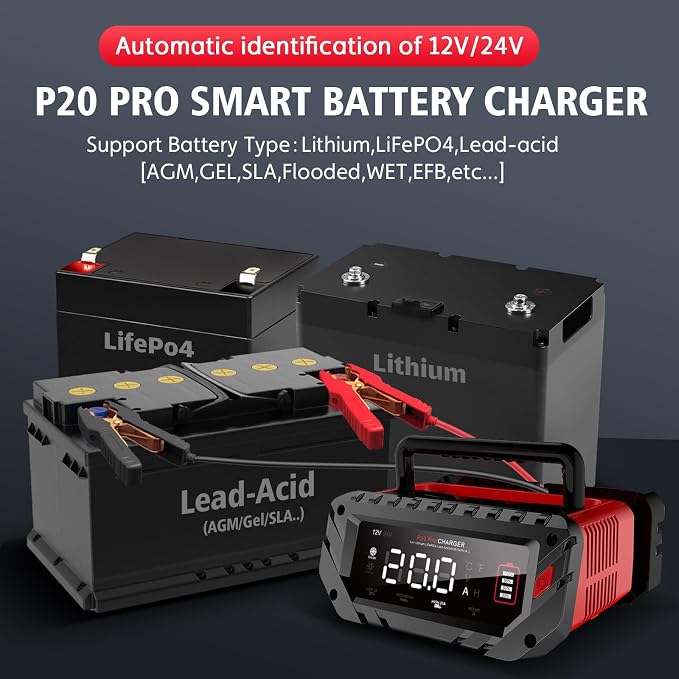 20 Amp Battery Charger 12V/24V Lithium LiFePO4 Lead Acid Fully Automatic Battery Maintainer, Car Battery Trickle Charger w/Overcharge Protection Repair for AGM, Deep Cycle Battery