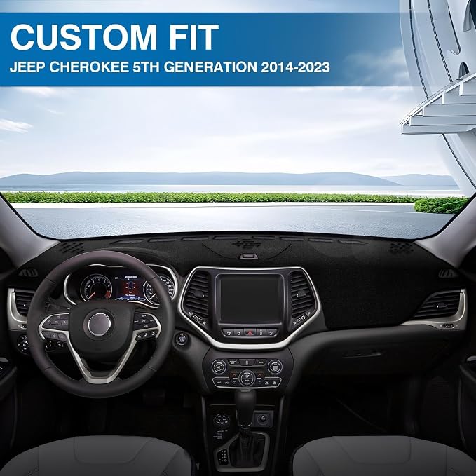 KUST Black Dash Cover for Jeep Cherokee Latitude 2014-2023 Polyester Dashboard Cover Non-Slip Center Console Dash Cover Interior Accessories for Cherokee
