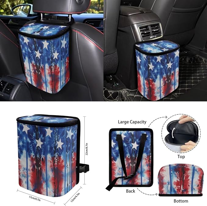 Patriotic Auto Interior Accessories USA Flag Car Seat Covers with Auto Steering Wheel Cover Seat Belt Covers Car Trash Can View Mirror Cover Coaster Keychains