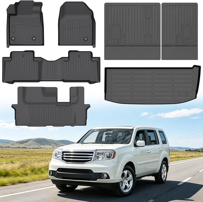 Floor Mats for Honda Pilot 2009-2015, Heavy Duty TPE All Weather Protection, Waterproof Non-Slip Black Car Liners (Three-Row Floor Mats & Cargo Liner & Seatback Mat)