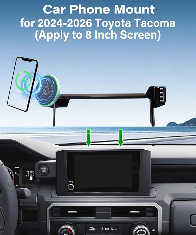 Car Phone Holder for Toyota Tacoma 2024 2025 2026 Accessories 15W MagSafe Fast Wireless Charger Cell Phone Mount Apply to 8 Inch Touch Screen Fixed Clip 360° Rotation