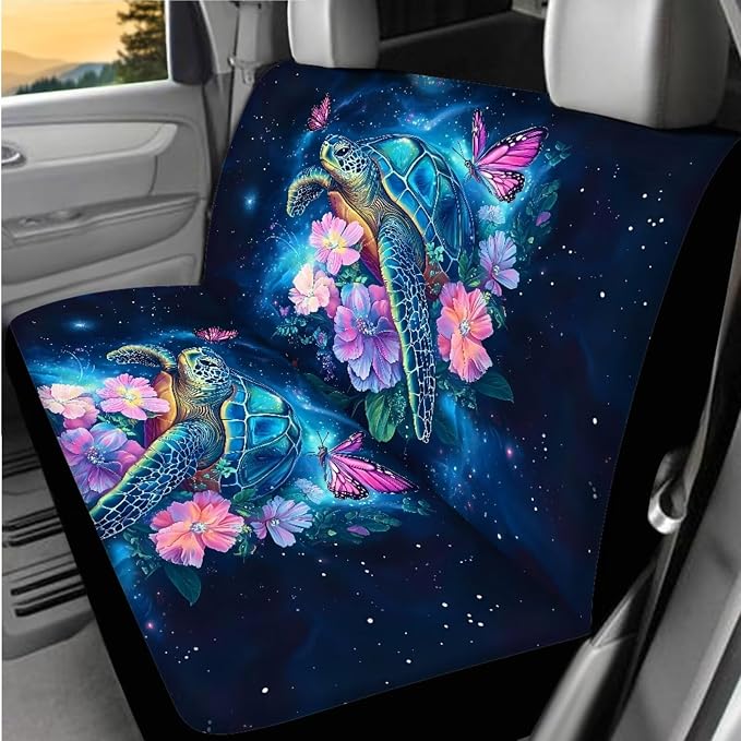 8 Pcs Sea Turtle Butterfly Car Interior Accessories Set for Women, Car Seat Covers Full Set with Auto Steering Wheel Cover, Auto Center Console Pad, Seat Belt Pads