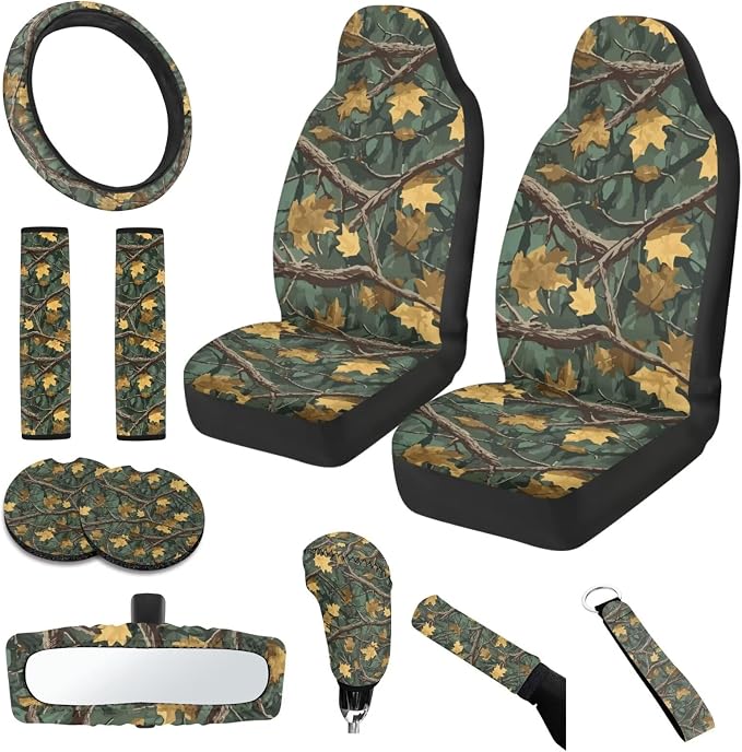 Camo Hunting Car Accessories Set of 11 Car Front Seat Cover Steering Wheel Cover Seat Belt Pads Elastic Fabrics Gear Lever Cover Universal Fit Most Cars SUV