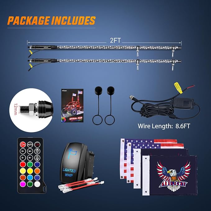 Nilight 2PCS 2FT Spiral RGB Led Whip Light w/RGB Chasing/Dancing Lights RF Remote Control Lighted Antenna Whips for Can-am ATV UTV RZR Polaris Dune Buggy 4-Wheeler Offroad Truck