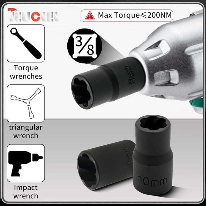 10PCS Twist Lug Nut Socket Set - 3/8 inch Drive Damaged Nut Lock Remover Extractor - Rusted & Stubborn Locking Nut Removal Tool Kit Center Punch Bar