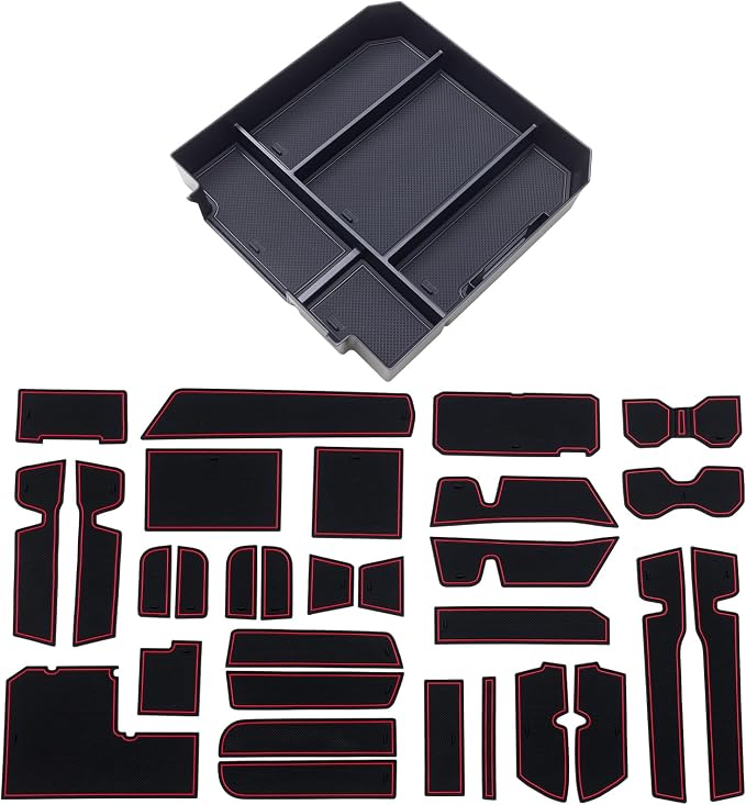 TOPINSTALL Center Console Black Tray and Red Rubber Liners Compatible with 2022 2023 2024 Toyota Tundra Accessories, Anti-Dust Dress Up The Interior