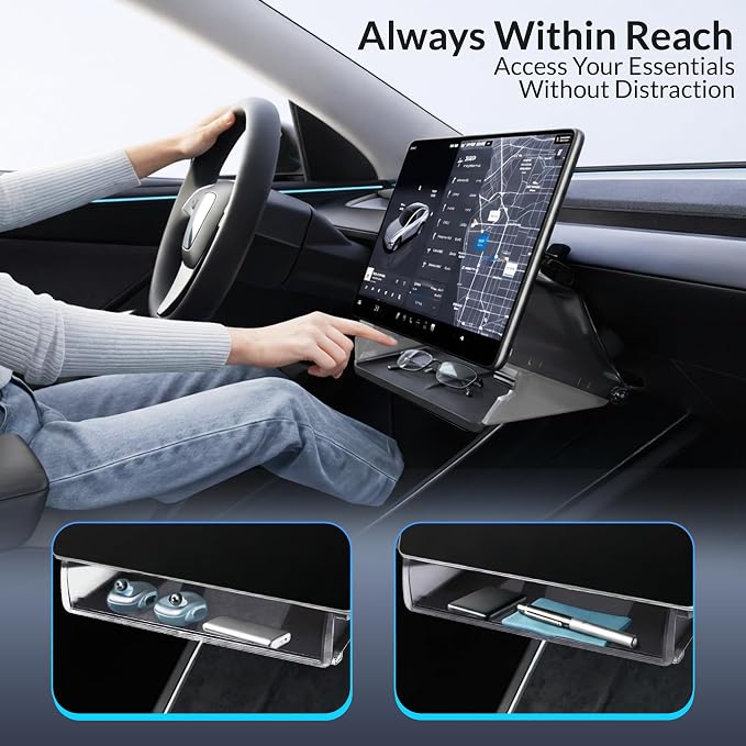 Tesla Model Y Under Screen Organizer (2021-2024) & Model 3 (2017-2023) – Hidden Center Console Storage Tray, Anti-Slip Silicone, ABS Interior Accessory - Black