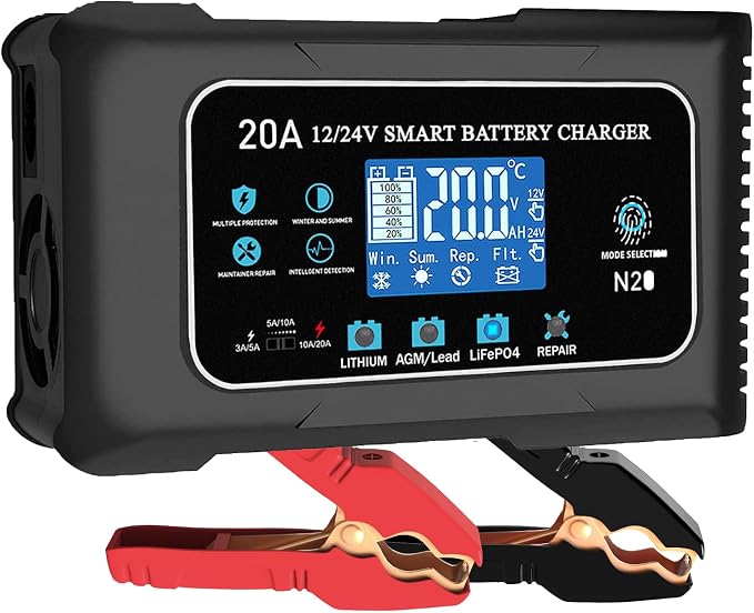 12V/24V 20 Amp Car Battery Charger,Fully Automatic Battery Maintainer,Trickle Charger w/Overcharge Protection Repair for Lithium,LiFePO4,Lead Acid, AGM, Gel, Deep Cycle Battery