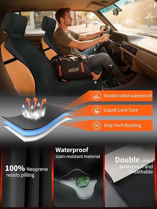 2 Pack Waterproof Car Seat Covers - Universal Fit Rubber Front Seat Protectors for SUVs, Sedans & Trucks - Non-Slip Backing for Fitness, Gym & Pets - Black