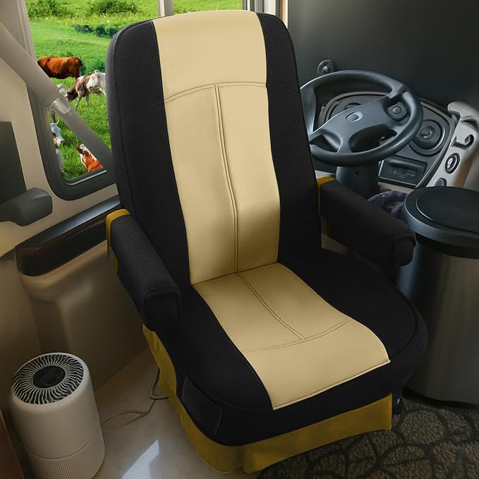 RV Seat Covers Compatible with Motorhome Captain Chairs, Driver & Passenger Leather and Neoprene Fabric Seat Covers, Black and Tan, 2pcs