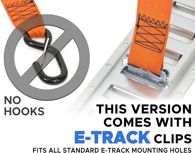 PowerTye - 2 inch x 10ft Long Retractable Ratchet Tie Down Strap with E-Track Clips - Self-Retracting Ratchet, 800 lb W.L.L., Ideal for Cargo, ATV, Golf Carts, Includes Storage Bag, Orange (Pair)