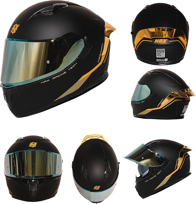 HAX Obsidian Full Face Dual Visor Adult Motorcycle Helmet for Motorbike Street Bike with Pinlock Ready DOT Approved Matte Black Gold S
