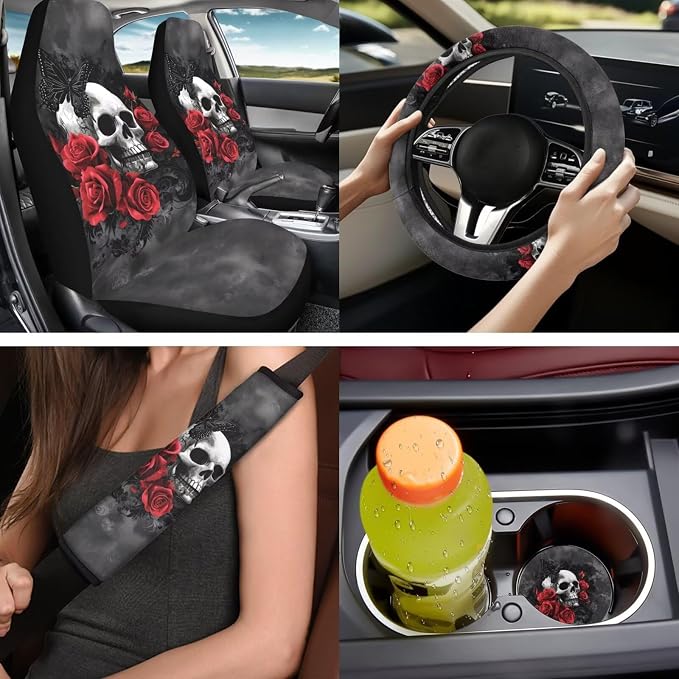 Bulopur Gothic Skull Red Rose Automotive Seat Covers Front and Rear with Car Steering Wheel Cover Armrest Cushion Pad Headrest Covers Seat Belt Pads Auto Interior Accessories Set 14 Pack
