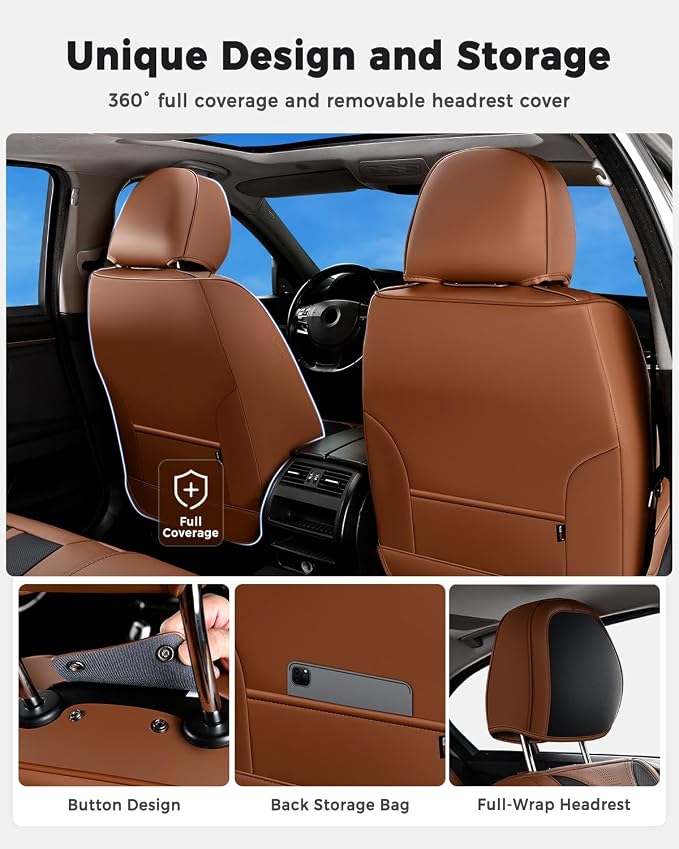 Huidasource Front Seat Covers Luxury Nappa Leather, Driver Seat Cover with Airbag, Front Storage Pocket, Lumbar Support, Cooling＆Heating, Seat Cover Universal Fit for Most Cars SUV Trucks, Brown&Black