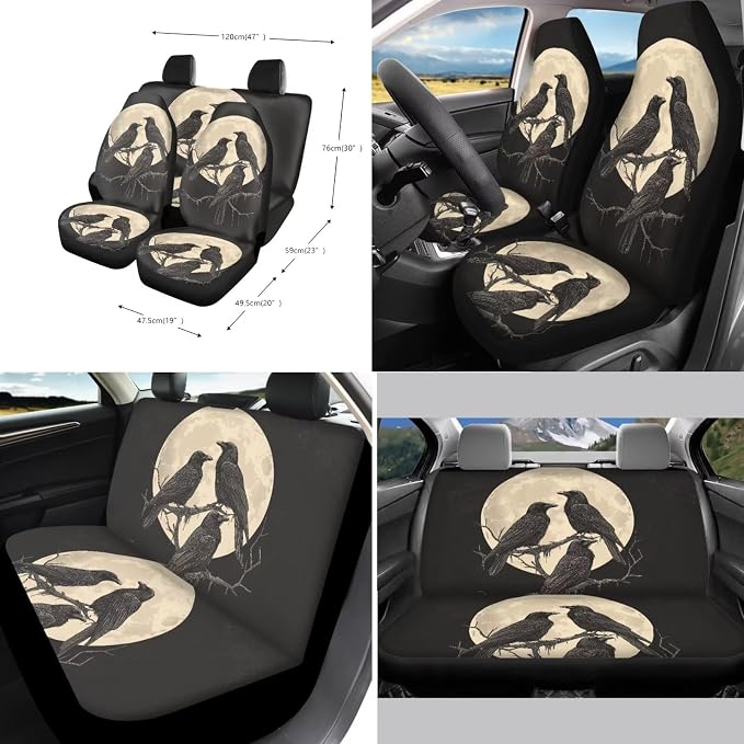 Suobstales Raven Moon Print Car Accessories with Car Front Rear Split Seat Covers, Seat Belt Pads + Steering Wheel Cover + Coaster + Keyrings for Women Set of 11-Pcs