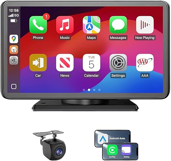 7" Wireless CarPlay Screen for Car - Apple CarPlay & Android Auto Portable Touch Screen with Backup Camera, Bluetooth, FM Transmitter, Voice Control for All Vehicles (Black)