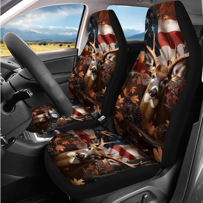Bulopur Deer Hunting Camo Auto Seat Covers Full Set with Car Armrest Pad Seat Belt Covers Keychain American Flag Automotive Interior Decor Set for Truck SUV Van 14 Pack