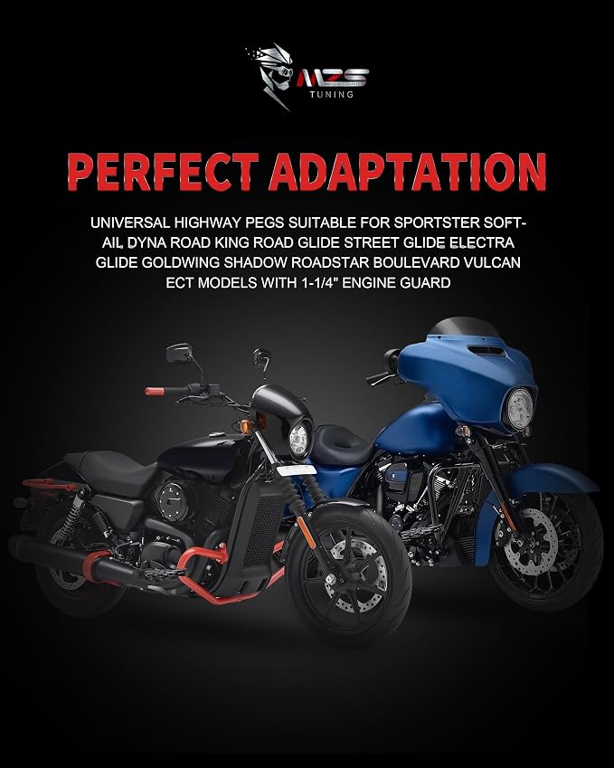 MZS Motorcycle Highway Pegs, 1.25" Short Adjustable Highway Foot Peg CNC Aluminum Compatible with Road Glide King Softail Electra Street Glide Sportster Vulcan Chief Boulevard for 1 1/4 Engine Guards