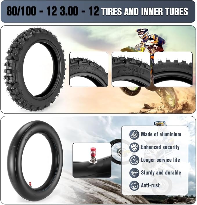 80/100-12 3.00-12 Back Rear Tire and Inner Tube,80/100-12 Dirt Bike Tire,12 Inch Rear Dirt Bike Tire compatible with Honda CRF70 XR70 Kawasaki KLX110 TTR90 PW80 Pit Bike (Fit 90cc 110cc 125cc)