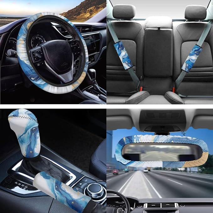Blue Marble Auto Seat Covers 14pcs Full Set Car Accessory Universal Fit Car Seatbelt Pads Steering Wheel Cover Handbreak Gear Shift Cushion Keychain Durable Auto Interior Protector