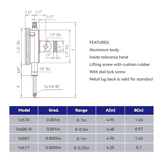 HFS(R) 0-1/2" Dial Indicator Lathe Tool High Precision, 0.5" Measuring Range, 0.001" Graduation Interval