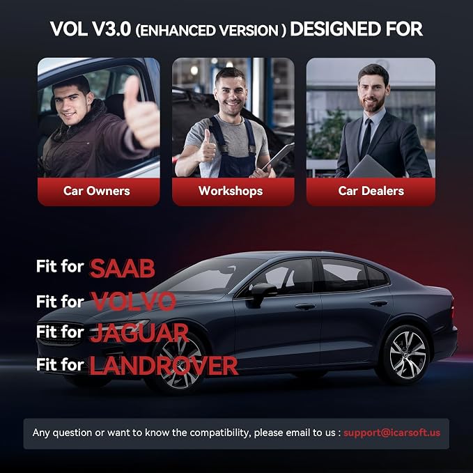 Bidirectional Diagnostic Tool for Land Rover/Volvo, iCarsoft VOL V3.0 (Enhanced Ver) All System Active Test 42 Resets for Land Rove, 39 Resets for Volvo, OBD2 Scanner Code Reader