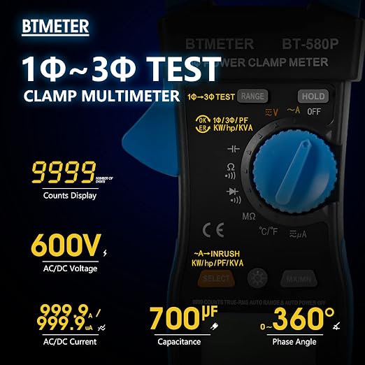 BTMETER 3-Phase True-RMS Power Clamp Multimeter with 9999 Counts, AC/DC Voltage & Amperage, KW/HP, Power Factor, KVA/VAR, Inrush Current & Temperature Test, Electrical Teste 580P