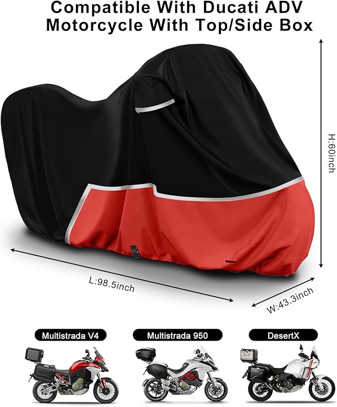 Waterproof Motorcycle Cover Compatible with Ducati Adventure with Box, 420D Oxford Cloth Cover for Snow Rain Dust Protection
