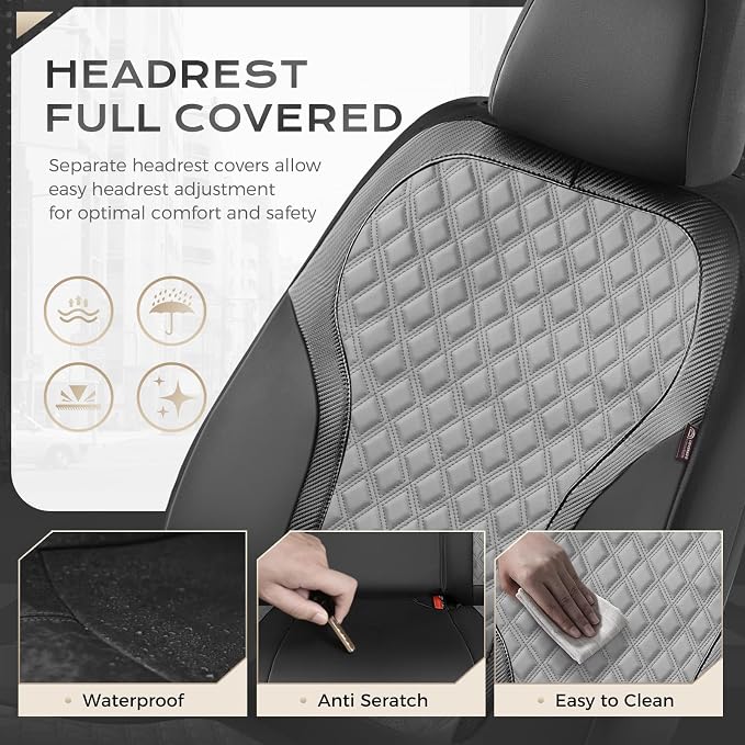 Coverado Car Seat Covers 5 Seats, Leather Seat Covers Full Set, Carbon Fiber Textured Design, Durable Waterproof Seat Protectors, Black&Gray Seat Cover, Automotive Seat Covers Universal Fit Most Cars