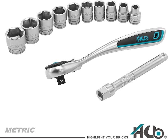 HB 13-Piece 3/8" Drive Socket Set AKM021-U | 120-Tooth Ratchet Handle 3° Arc Swing Offset Quick Release Disc Function | Chrome Vanadium Steel Micro-Chrome Finish | Portable Rack Made in Taiwan
