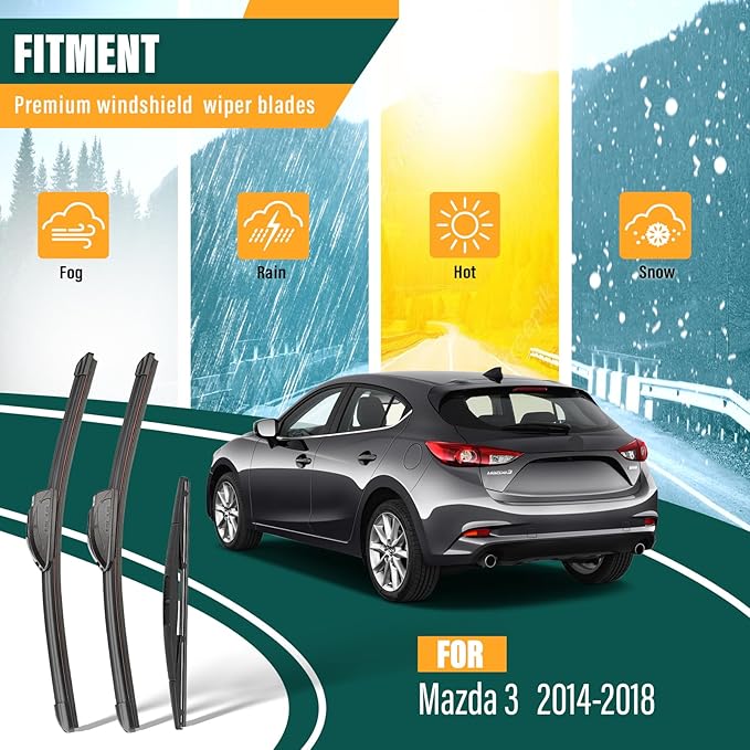 Windshield Wiper Blades Replacement for Mazda 3 2014 2015 2016 2017 2018,Original Equipment Replacement Front Rear Wiper Blade Set- 24" 18" 12" (Set of 3)