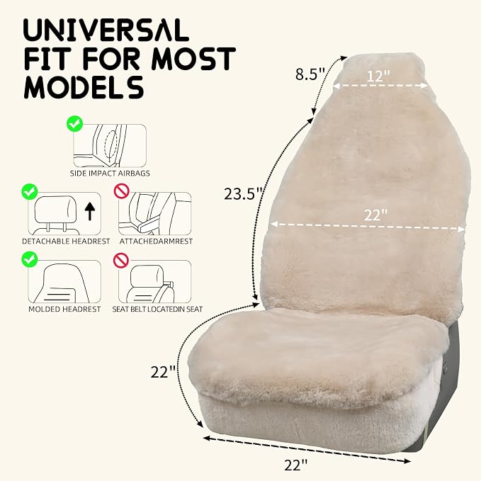 Aegis Cover Sheepskin Seat Cover Genuine Australian Merino Wool Front Seat Cover Luxury Dense Pelt Universal Fit for Most Cars, SUVs, Trucks, Bucket-Style, 54 X 22 Inches (Sand)