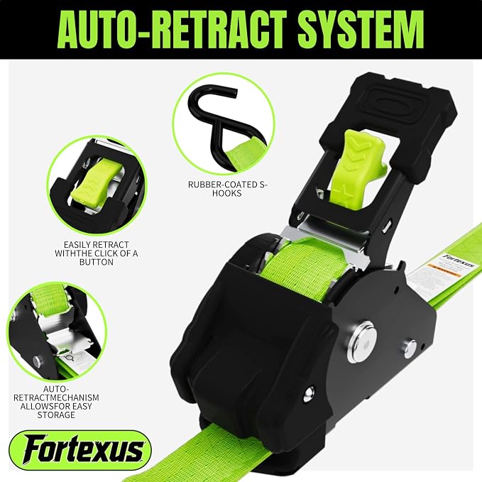 Retractable Ratchet Straps, 4-Pack, 1 Inch x 12 Feet, 1,760lb Break Strength, Self Retracting Tie Down for Truck, Cargo Trailer, Motorcycle, ATV, UTV (Neon Green, 4pack)