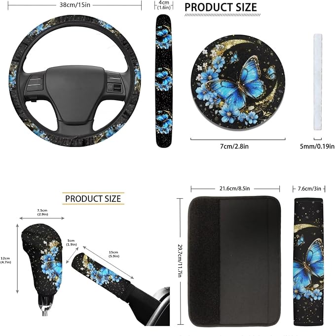 Tupalatus Blue Butterfly Auto Front Seat Covers Steering Wheel Cover,Seat Belt Pads,Cup Holder Gear Shift Knob Cover,Car Handbrake Protector Full Set of 9 PCS for Ladies Gifts,Universal Fit